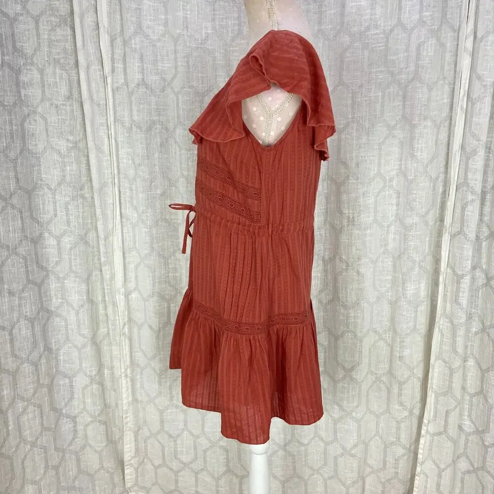 ASOS Peasant‎ Dress 8 Rust Terracotta Eyelet Lace Cotton Ruffle A Line Mini